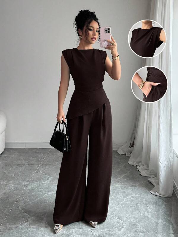 Rafferiza 2pcs/Set Women Solid Color Textured Pleated Round Neck Sleeveless Top Brown Jumpsuit Women Sleeveless Jumpsuit Palazzo Jumpsuit Elegant Jumpsuits Elegant Rompers For Women