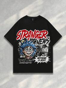 ROMWE MEN Street Life Camiseta casual de hombre con estampado de lema de dibujos animados, verano