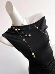 SHEIN Sweetra Young 优雅休闲黑色针织不对称领口长裙，少女露肩百褶腰身，鱼尾下摆，简约优雅长裙