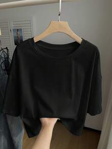 Comfortcana Áo thun ngắn tay màu đen trơn dáng rộng thường ngày - màu đen - Xem 7