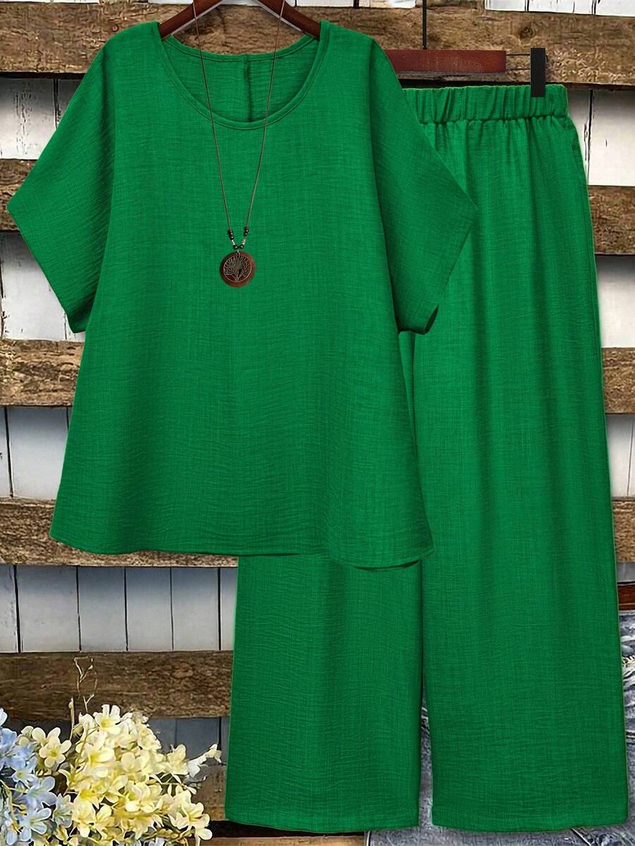 Linhara Set de 2 piese casual pentru femei, mărime plus, cu guler rotund, cămașă cu mânecă scurtă și pantaloni largi