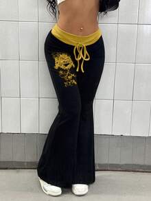 StreetHx 女式撞色拼布印花朋克喇叭裤 - 黃色 - 查看 3