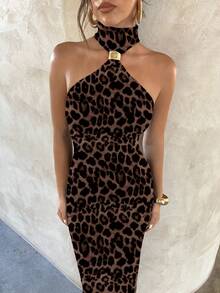 Aloruh Đầm Maxi Ôm Body Màu Đen Co Giãn Họa Tiết Da Báo Thanh Lịch Gợi Cảm Khóa Kim Loại Trang Trí Khoét Hở, Thích Hợp Cho Mùa Thu/Hè - Rỉ Nâu - Xem 4
