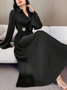 Modelyn 女式优雅花卉纽扣喇叭袖连衣裙，秋季 - 黑色 - 查看 5