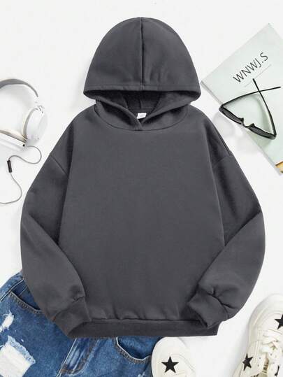 SHEIN Leap Crew Casual Minimalist Long Sleeve Hooded Loose Fit Thick Sweatshirt For Teen Girls, Versatile Solid Color, Suitable For Autumn/Winter Fall