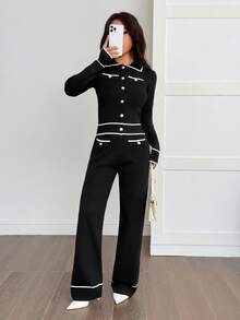 SHEIN PETITE 2 Stücke Damen Kontrast-Farbblock Knopfleiste Taschen Langarm Oberteil und Hose Set 2-teiliges Set für Herbst/Winter