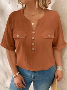 EMERY ROSE Plus Size Casual Notched Collar Wood Button Decor Short Sleeve Shirt - Rust Brown - View 3