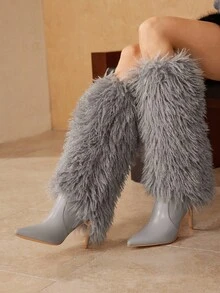 MOTF GIÀY BỐT CAO GÓT ĐẦU BẰNG LÔNG GIẢ KIỂU CHÂU ÂU VÀ MỸ MỚI DÀNH CHO NỮ - Xám - Xem 7