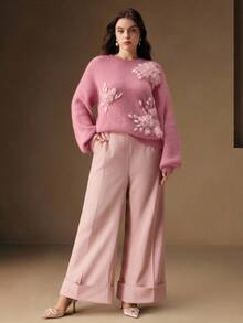 Anewsta 新款加厚套头毛衣，秋冬畅销款，时尚3D立体花卉针织圆领毛衣，宽松舒适针织上衣，大码毛衣外套，女士冬季服装 - 粉色 - 查看 7