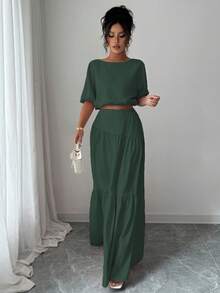 Elenzga Bộ 2 áo crop top tay bồng lãng mạn thanh lịch và chân váy chữ A cho nữ - Màu xanh lá cây đậm - Xem 5