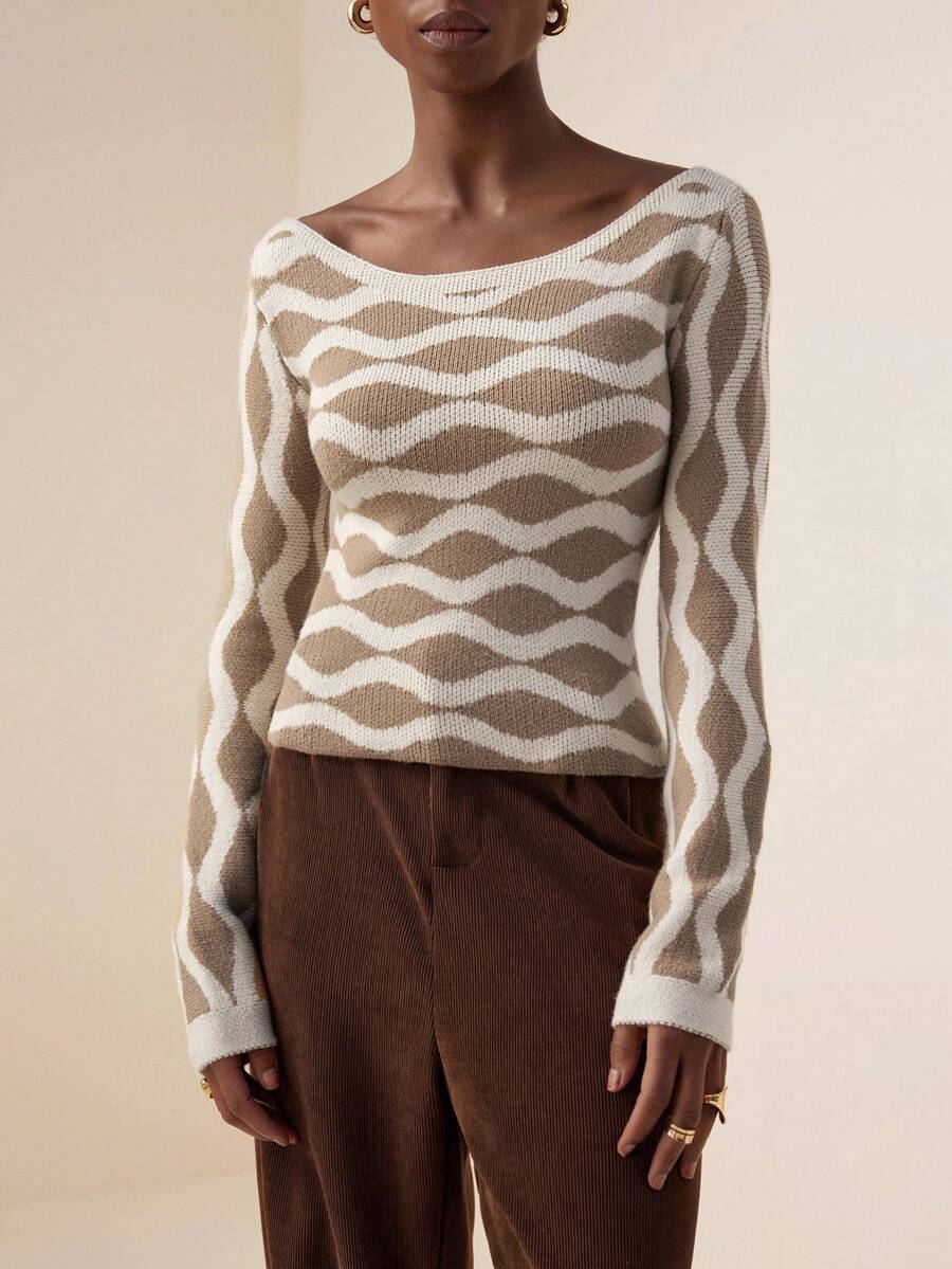 Lyxana Autumn/Winter Color Block Wave Pattern Fitted Knit Sweater For ...