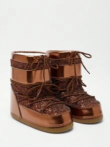 Solezae Giày bốt cổ ngắn buộc dây mũi tròn thời trang ấm áp mùa đông thoải mái cho nữ - màu nâu - Xem 5