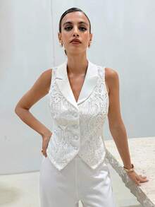 Lavishia Women's Mesh Embroidered Sleeveless Formal Elegant Top, Fashionable Design - White - View 5