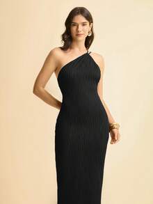 CAJUNI Women's Wavy Texture Knit Fabric Spaghetti Strap Backless Fitted Vacation Dress, Sexy Summer