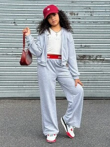SHEIN Explorewe 2pcs/Set Pakaian Anak Perempuan Remaja Modis: Hoodie Berresleting dan Celana Pinggang Elastis, Musim Gugur - Light Grey - View 6