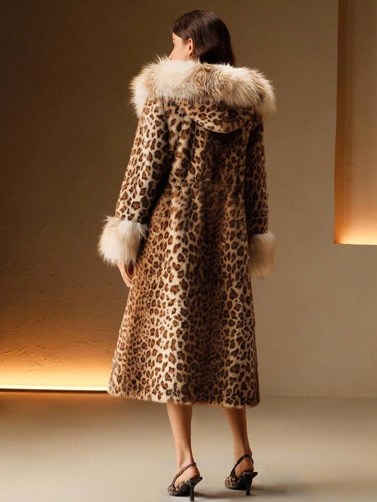 レディース秋冬 シック なレオパード柄パッチワーク フェイクファートリム付きフード付きジャケット