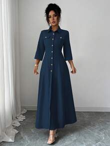 Elenzga Vestido largo de verano de unicolor con botones delanteros, casual y apropiado para ir al trabajo - azul real - Ver 4