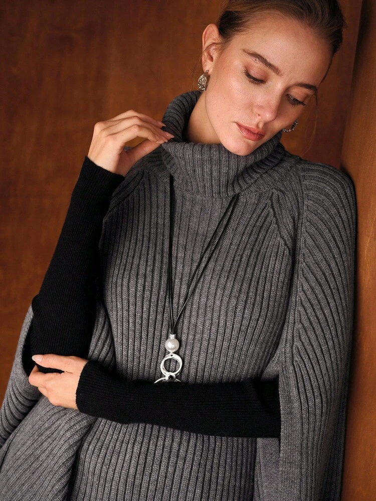 SOLID HIGH NECK RAGLAN BATWING SLEEVE PONCHO SWEATER