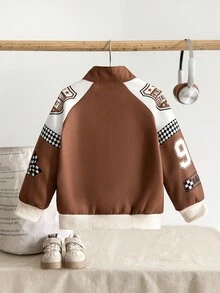 Playful Pals 男童棕色领子字母印花长袖夹克，适合秋冬季的休闲日常外套，百搭