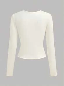 少女纯色保暖V领长袖休闲T恤 - 白色 - 查看 3