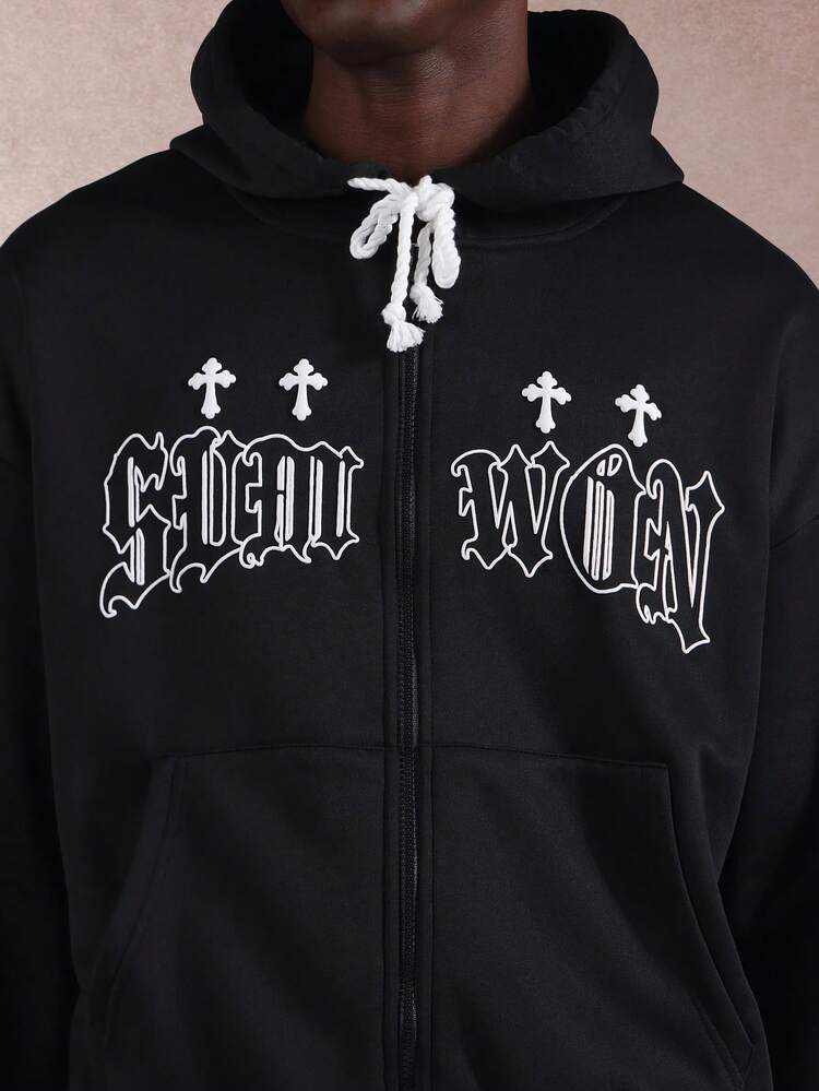Schwarzer Hoodie mit durchgehendem Reißverschluss und gotischem Kreuz-Print