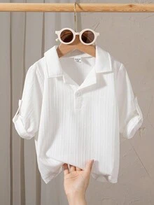 SHEIN Casuvi Kids 年轻男孩休闲纯色纹理短袖 Polo 衫 - 白色 - 查看 2