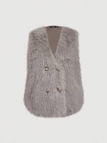 SHEIN MOD Áo khoác lông giả không tay cỡ lớn, thời trang cho mùa thu/đông - Màu Khaki - Xem 7