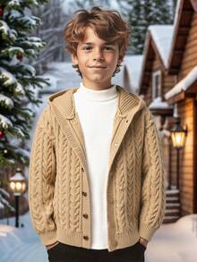 SHEIN 一件装青少年男童休闲运动学院风复古连帽针织开衫，扭结设计，适合儿童返校，也适合生日派对、晚宴、演出、婚礼、洗礼、开幕式等场合，日常穿着舒适，适合上学、旅行、运动，也适合秋冬季节。 - 卡其色 - 查看 4