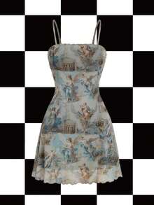 Y2Kool cha5rlie Artist Girlcore Figure Graphic Lettuce Trim Mesh Cami Elegant Dress Concert Outfit, Summer Elegant Dress Prom Dress Western Wear, Sundress For Holiday, Party, Vacation, Spring, Beach, Festival, Rave Outfits Festival, Ibiza Fits Going Out Autumn Casual