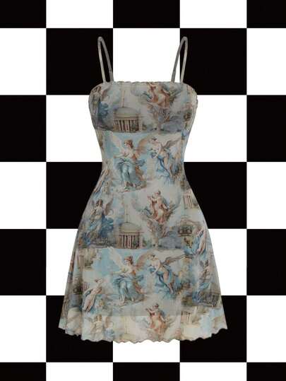 Y2Kool cha5rlie Vestido elegante con gráfico de figura de chica artista, con ribete de lechuga y camiseta de malla, vestido elegante de verano para fiesta, uso occidental, vestido de playa para vacaciones, fiestas, primavera, playa, festivales, atuendos de rave, Ibiza, salidas de otoño casual