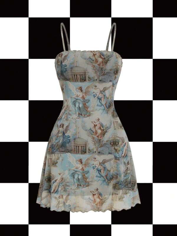 Y2Kool cha5rlie Vestido elegante con gráfico de figura de chica artista, con ribete de lechuga y camiseta de malla, vestido elegante de verano para fiesta, uso occidental, vestido de playa para vacaciones, fiestas, primavera, playa, festivales, atuendos de rave, Ibiza, salidas de otoño casual