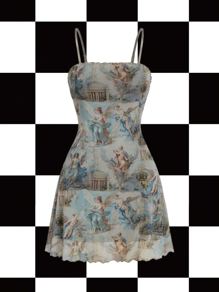 Y2Kool cha5rlie Artist Girlcore Figure Graphic Lettuce Trim Mesh Cami Elegant Dress Concert Outfit, Summer Elegant Dress Prom Dress Western Wear, Sundress For Holiday, Party, Vacation, Spring, Beach, Festival, Rave Outfits Festival, Ibiza Fits Going Out Autumn Casual