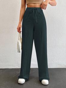 SHEIN Tall Tall Women's Solid Color Long Waist Drawstring Pants - Army Green - View 3
