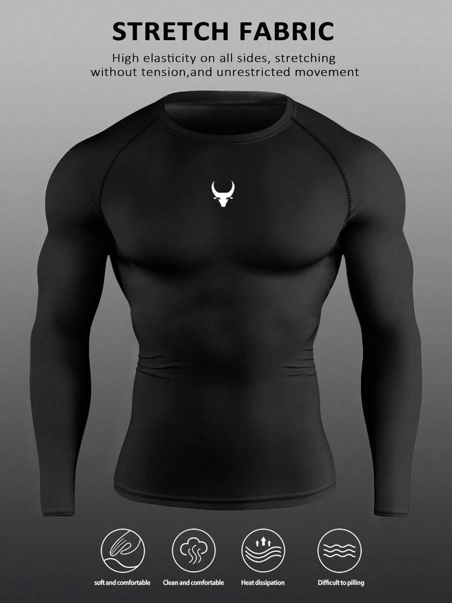 RISE LYT Áo thun nam dài tay cổ tròn in họa tiết, kiểu dáng thường ngày, chất liệu co giãn. - màu đen - Xem 1