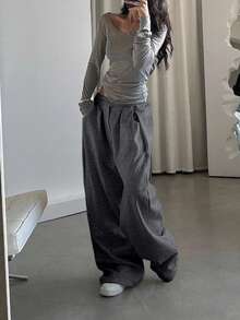 SHEIN Women's Floral Print Elastic Waist Pockets Loose Straight Casual Sweatpants - Dark Grey - View 3
