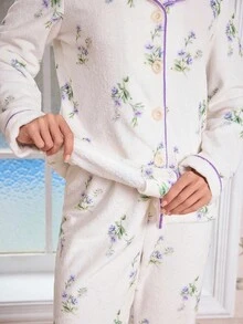 CottageSlumber 双面印花法兰绒蓬松睡衣套装，舒适优雅细节抓绒睡衣，秋冬服装 - 紫色 - 查看 6