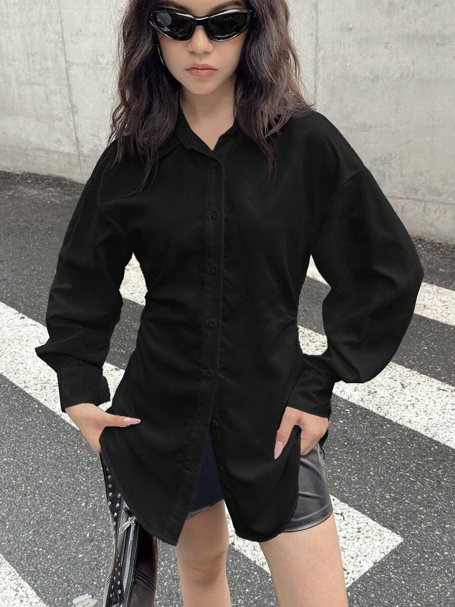 SHEIN Elegante blusa con maniche lunghe e vita arricciata per ragazze adolescenti, abbigliamento casual da vacanza - nero - Visualizzare 1