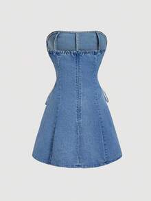 SHEIN MOD 女士休闲牛仔抹胸系带修身连衣裙 - 藍色 - 查看 2