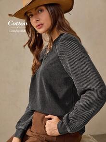 Wildy Fall Country Chic Women's Casual Washed Raglan Sleeve T-Shirt Babydoll Dress Cropped Sweater Gray Sweater Jumper For Women Ribbed Sleeve Sweater Button Up Sweater Women Jumper Women T-Shirt Ribbed T-Shirt PreFall Sweater - Black - View 5