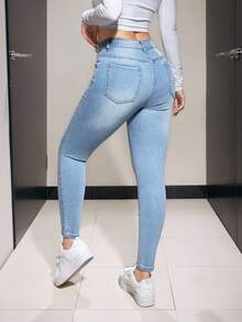 SHEIN PETITE 女式休闲日常水洗斜口袋紧身牛仔裤 - 淺色水洗藍 - 查看 2