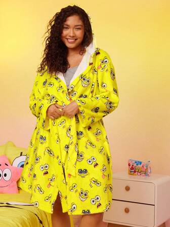 SpongeBob SquarePants | SHEIN Plus Size Cartoon Pattern Fleece Hooded Long Sleeve Fluffy Robe, Fall Winter, Cozy Outfit