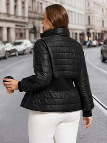 Ellevyn Áo khoác nữ cổ đứng tay dài màu đen thanh lịch cỡ lớn mùa đông, thắt eo, thoải mái - màu đen - Xem 4