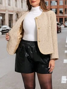 Ellevyn Plus Size Women's Jacket, Elegant Patchwork Tape Design, Metal Button Decor, Suitable For Autumn & Winter Fall - Khaki - View 11