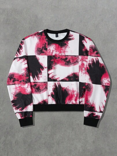 Street Life Men's Fashion Colorblock Blurred Hand Print Long Sleeve Sweatshirt, Fall
