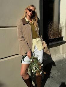 SHEIN MOD Casual Loose Minimalist Front Button Long Sleeve Women's Regular Coat,Autumn,Fall,Back To School,Office Wear,Old Money Style,Best Selling,Homecoming,Oversize,Barn Jacket,Going Out,Country,Business Casual,Work Women,Teacher - Khaki - View 1