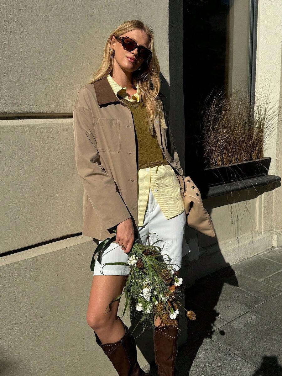 SHEIN MOD Casual Loose Minimalist Front Button Long Sleeve Women's Regular Coat,Autumn,Fall,Back To School,Office Wear,Old Money Style,Best Selling,Homecoming,Oversize,Barn Jacket,Going Out,Country,Business Casual,Work Women,Teacher - Khaki - View 1