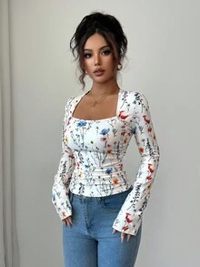 Elenzga 女士优雅 U 领花卉印花褶皱腰长袖 T 恤上衣，适合女性日常生活、聚会、通勤、秋冬季 - 彩色 - 查看 3