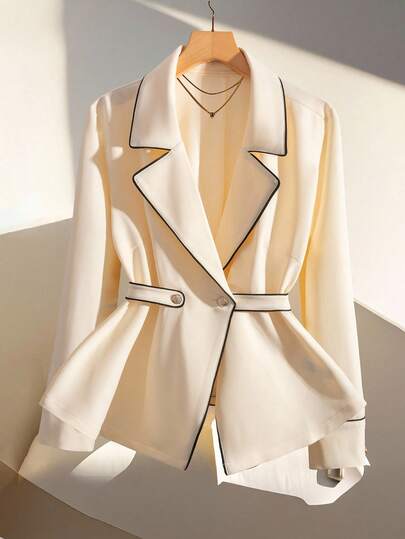 SHEIN Clasi 大码女式优雅撞色饰边米色系带夹克，适合通勤，百搭纯色长袖西装外套，初秋