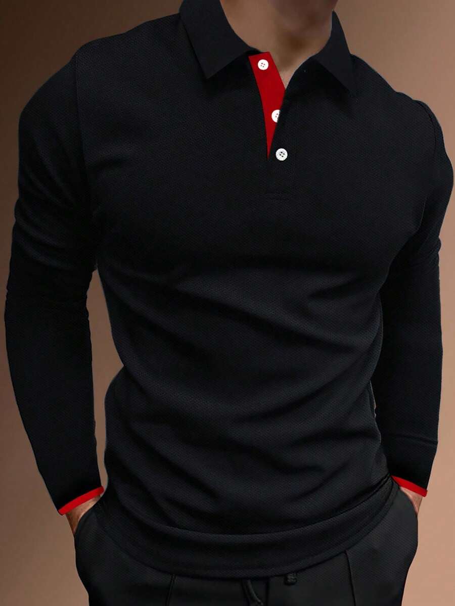Manfinity Homme 男士撞色长袖休闲通勤针织长袖高尔夫 Polo 衫，秋季 - 黑色 - 查看 1
