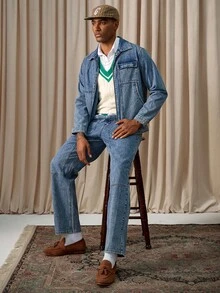 Manfinity Homme Men Street Style Washed Blue Denim Jacket & Jeans, Spring/Summer Western Business Casual Acid Washed Blue For Rave, Fall Clothes